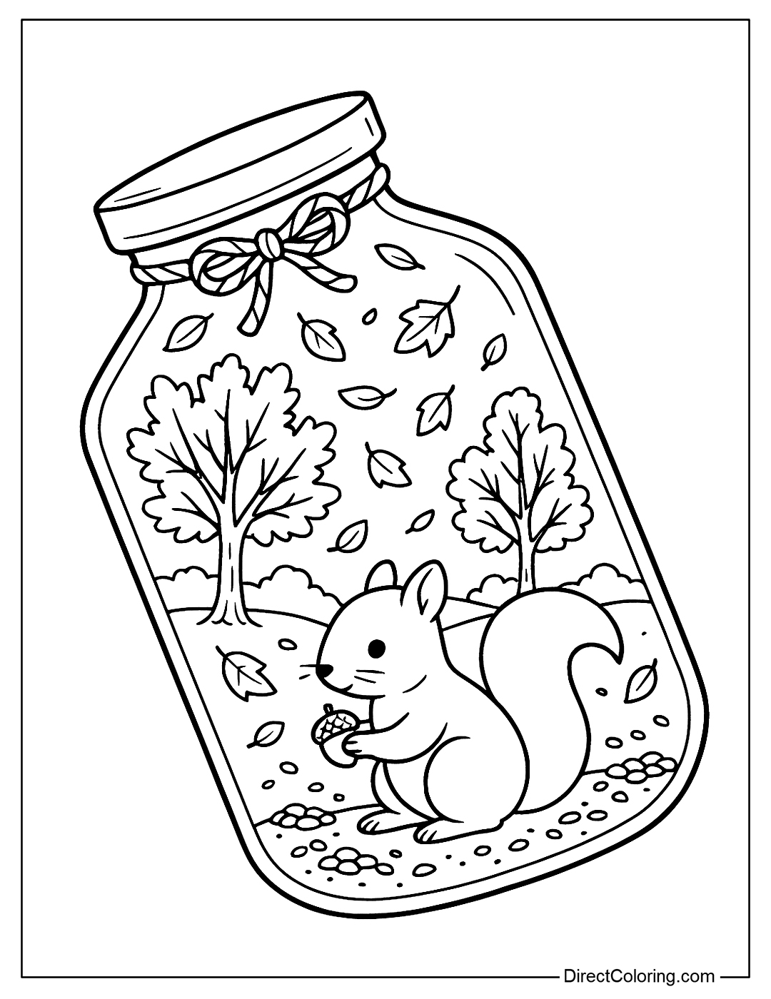 A little squirrel in a jar, with falling yellow leaves, autumn trees, and small piles of nuts